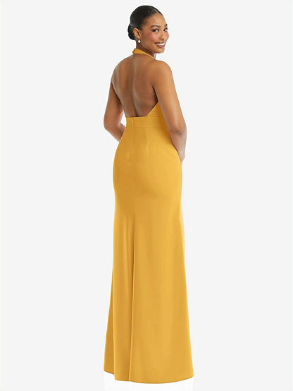 【NEW】【STYLE: TH110】プランジ 首 ホルター バックレス トランペット ガウン 前面 スリット【COLOR: NYC Yellow】【SIZE: 00-30W】