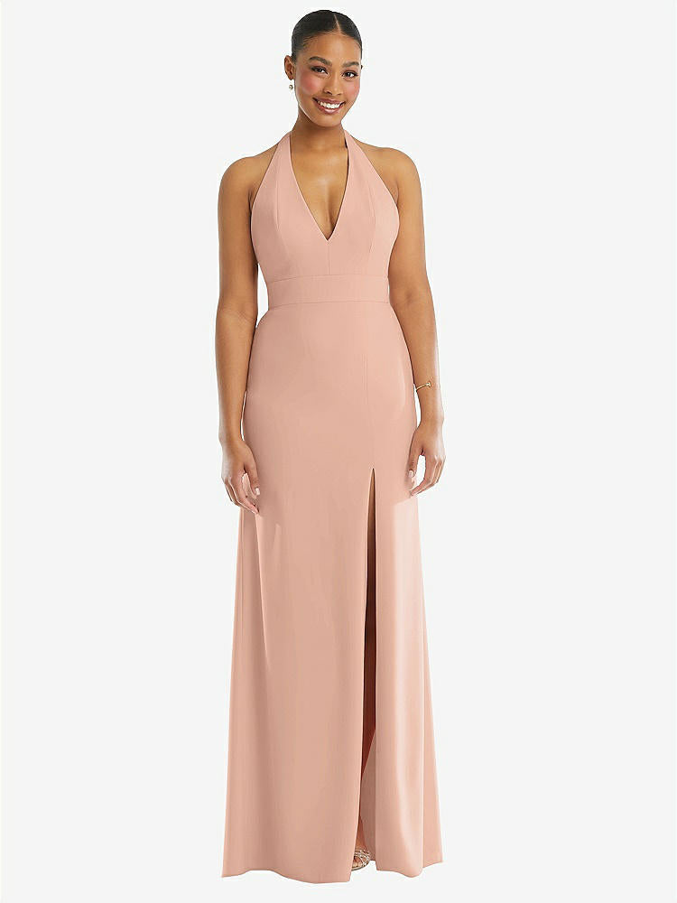 【STYLE: TH110】Plunge Neck Halter Backless Trumpet Gown with Front Slit【COLOR: Pale Peach】