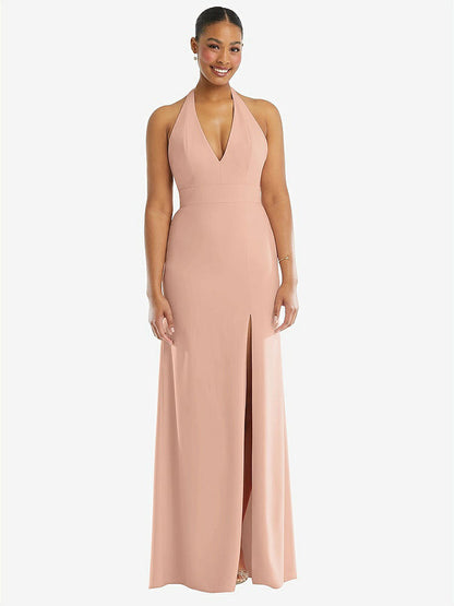 【STYLE: TH110】Plunge Neck Halter Backless Trumpet Gown with Front Slit【COLOR: Pale Peach】