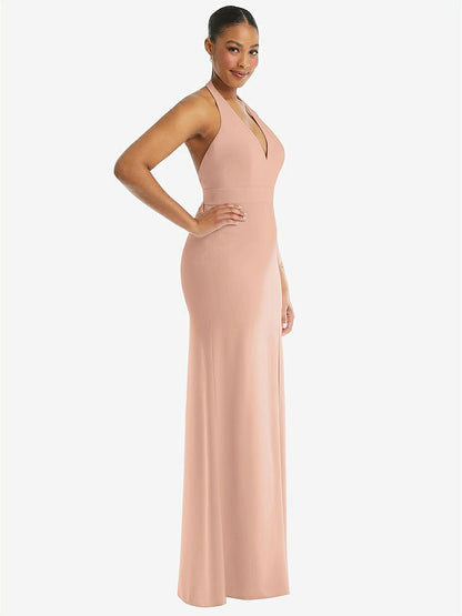 【STYLE: TH110】Plunge Neck Halter Backless Trumpet Gown with Front Slit【COLOR: Pale Peach】