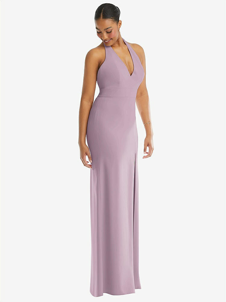 【STYLE: TH110】Plunge Neck Halter Backless Trumpet Gown with Front Slit【COLOR: Suede Rose】