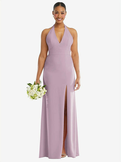 【STYLE: TH110】Plunge Neck Halter Backless Trumpet Gown with Front Slit【COLOR: Suede Rose】
