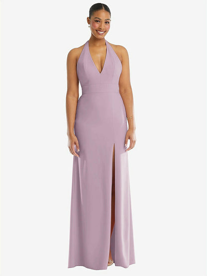 【STYLE: TH110】Plunge Neck Halter Backless Trumpet Gown with Front Slit【COLOR: Suede Rose】