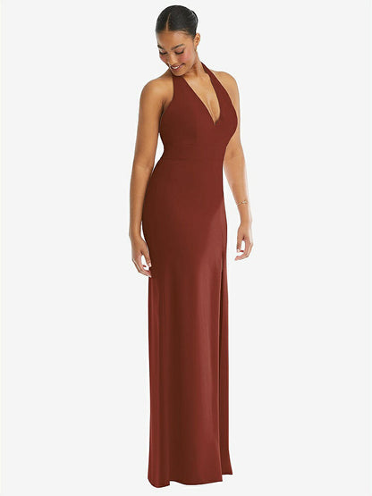 【STYLE: TH110】Plunge Neck Halter Backless Trumpet Gown with Front Slit【COLOR: Auburn Moon】