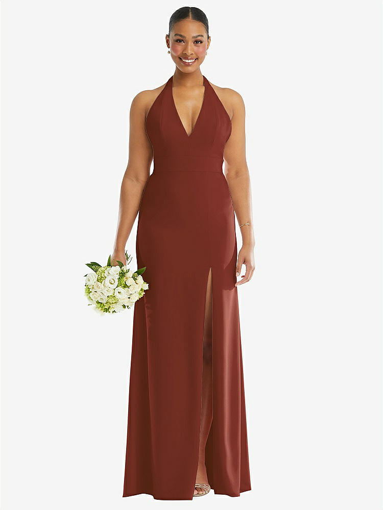 【STYLE: TH110】Plunge Neck Halter Backless Trumpet Gown with Front Slit【COLOR: Auburn Moon】