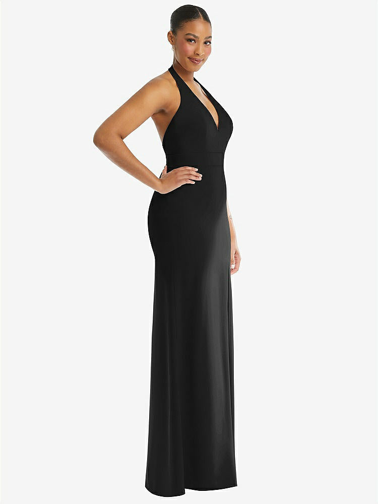 【STYLE: TH110】Plunge Neck Halter Backless Trumpet Gown with Front Slit【COLOR: Black】