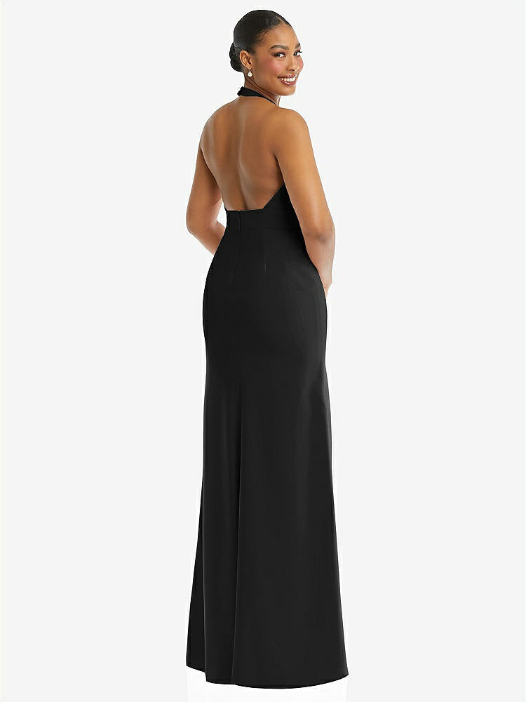 【STYLE: TH110】Plunge Neck Halter Backless Trumpet Gown with Front Slit【COLOR: Black】