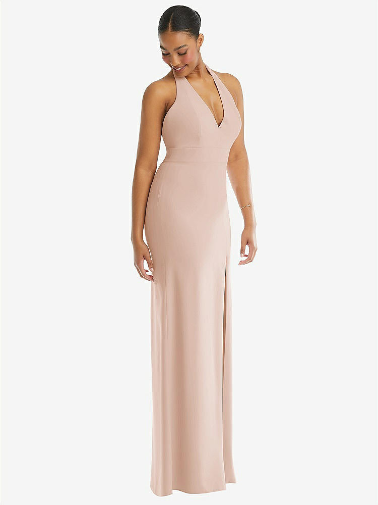 【STYLE: TH110】Plunge Neck Halter Backless Trumpet Gown with Front Slit【COLOR: Cameo】
