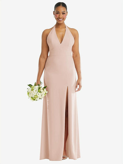 【STYLE: TH110】Plunge Neck Halter Backless Trumpet Gown with Front Slit【COLOR: Cameo】