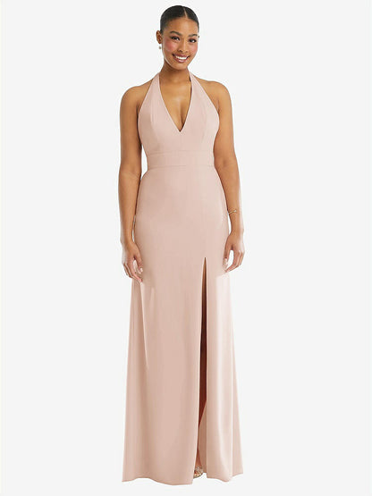 【STYLE: TH110】Plunge Neck Halter Backless Trumpet Gown with Front Slit【COLOR: Cameo】