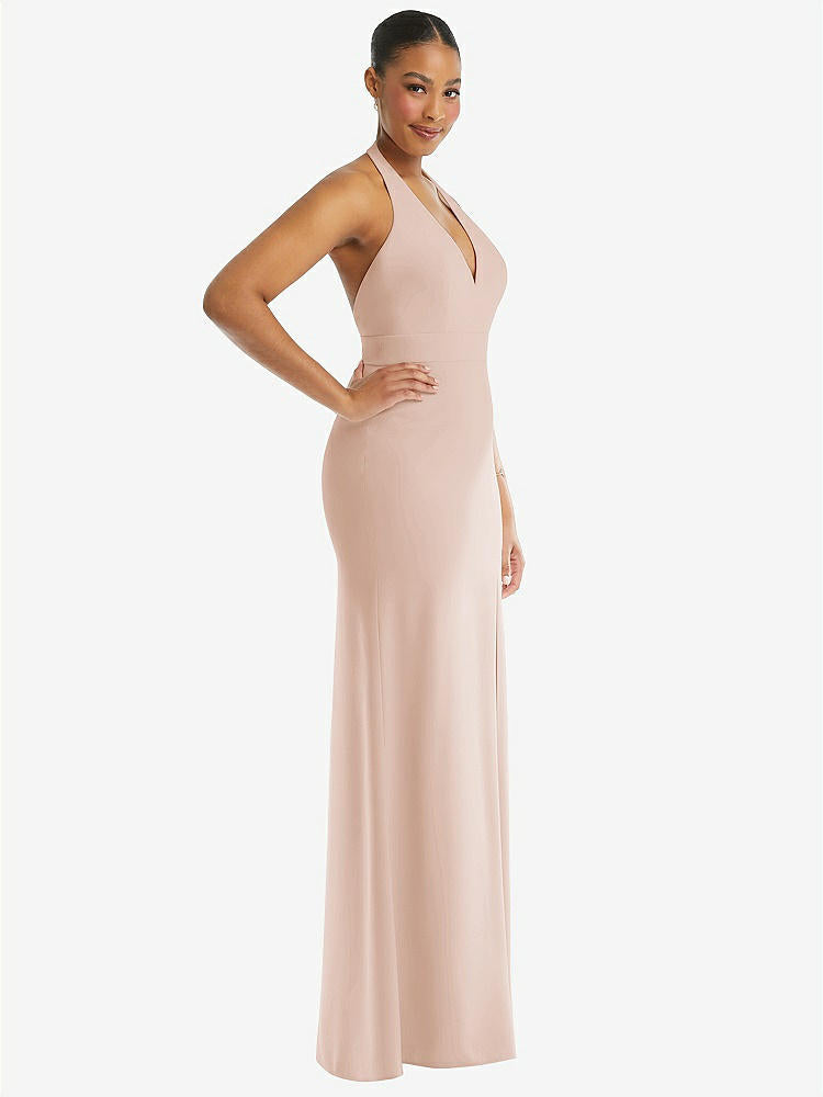 【STYLE: TH110】Plunge Neck Halter Backless Trumpet Gown with Front Slit【COLOR: Cameo】