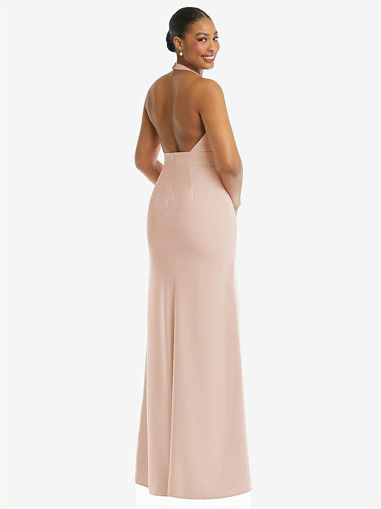 【STYLE: TH110】Plunge Neck Halter Backless Trumpet Gown with Front Slit【COLOR: Cameo】