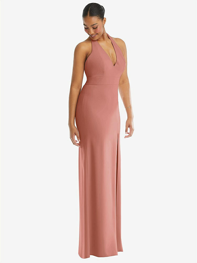 【STYLE: TH110】Plunge Neck Halter Backless Trumpet Gown with Front Slit【COLOR: Desert Rose】
