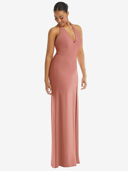 【STYLE: TH110】Plunge Neck Halter Backless Trumpet Gown with Front Slit【COLOR: Desert Rose】