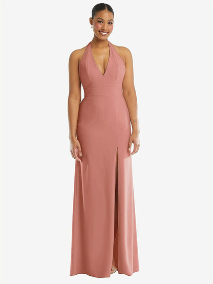 【STYLE: TH110】Plunge Neck Halter Backless Trumpet Gown with Front Slit【COLOR: Desert Rose】