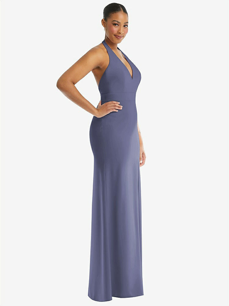 【STYLE: TH110】Plunge Neck Halter Backless Trumpet Gown with Front Slit【COLOR: French Blue】