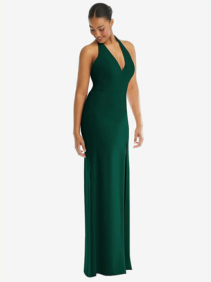 【STYLE: TH110】Plunge Neck Halter Backless Trumpet Gown with Front Slit【COLOR: Hunter Green】