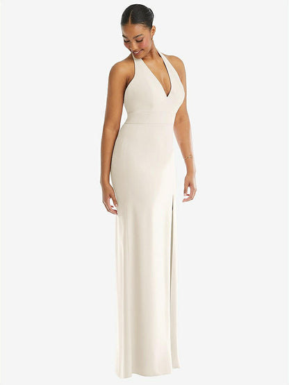 【STYLE: TH110】Plunge Neck Halter Backless Trumpet Gown with Front Slit【COLOR: Ivory】
