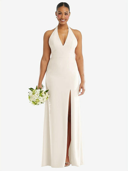 【STYLE: TH110】Plunge Neck Halter Backless Trumpet Gown with Front Slit【COLOR: Ivory】