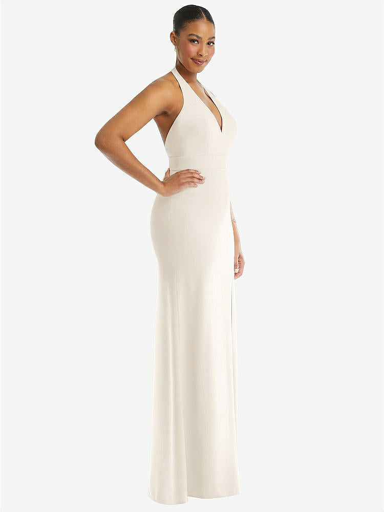 【STYLE: TH110】Plunge Neck Halter Backless Trumpet Gown with Front Slit【COLOR: Ivory】