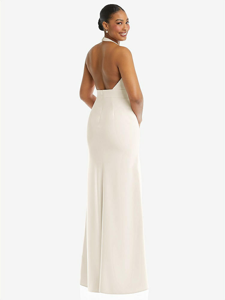 【STYLE: TH110】Plunge Neck Halter Backless Trumpet Gown with Front Slit【COLOR: Ivory】