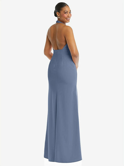 【STYLE: TH110】Plunge Neck Halter Backless Trumpet Gown with Front Slit【COLOR: Larkspur Blue】