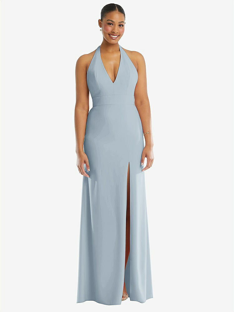 【STYLE: TH110】Plunge Neck Halter Backless Trumpet Gown with Front Slit【COLOR: Mist】