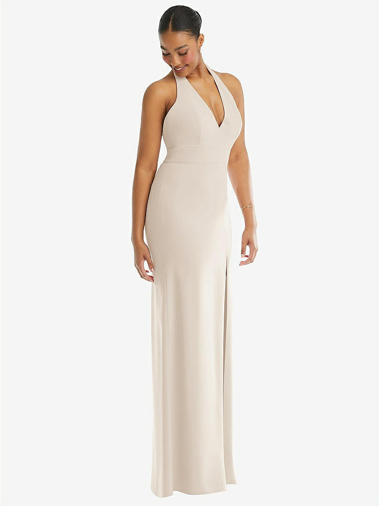 【STYLE: TH110】Plunge Neck Halter Backless Trumpet Gown with Front Slit【COLOR: Oat】