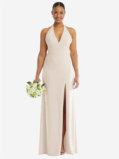 【STYLE: TH110】Plunge Neck Halter Backless Trumpet Gown with Front Slit【COLOR: Oat】