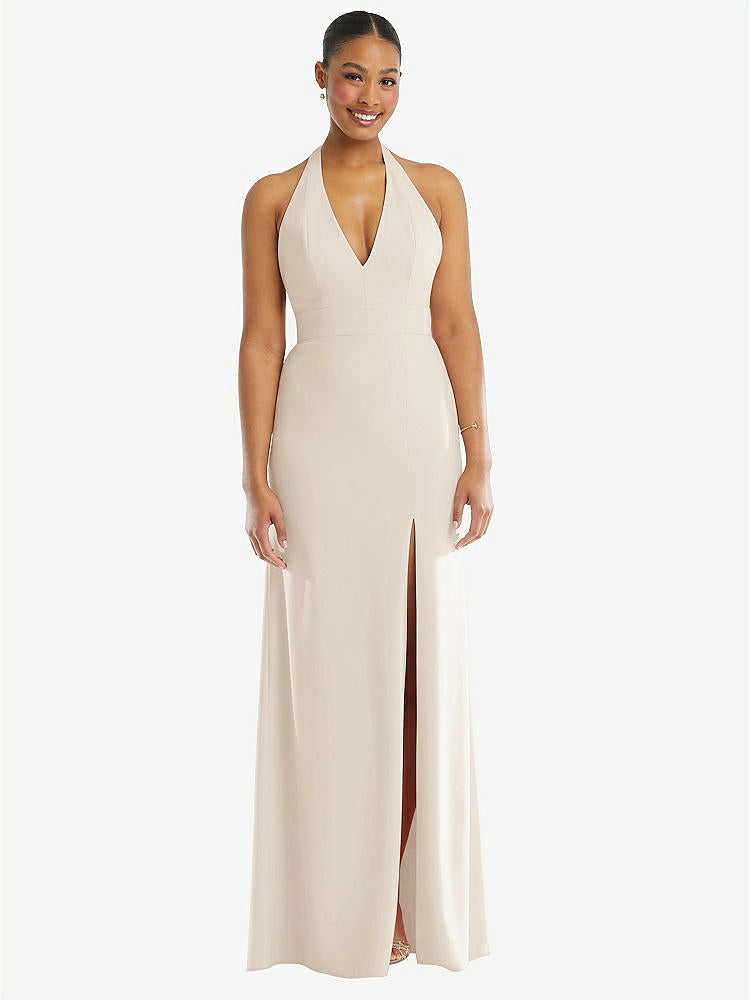 【STYLE: TH110】Plunge Neck Halter Backless Trumpet Gown with Front Slit【COLOR: Oat】