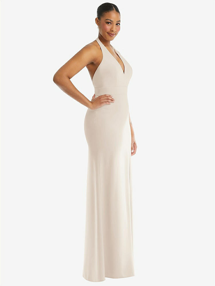 【STYLE: TH110】Plunge Neck Halter Backless Trumpet Gown with Front Slit【COLOR: Oat】
