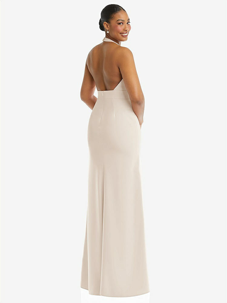 【STYLE: TH110】Plunge Neck Halter Backless Trumpet Gown with Front Slit【COLOR: Oat】