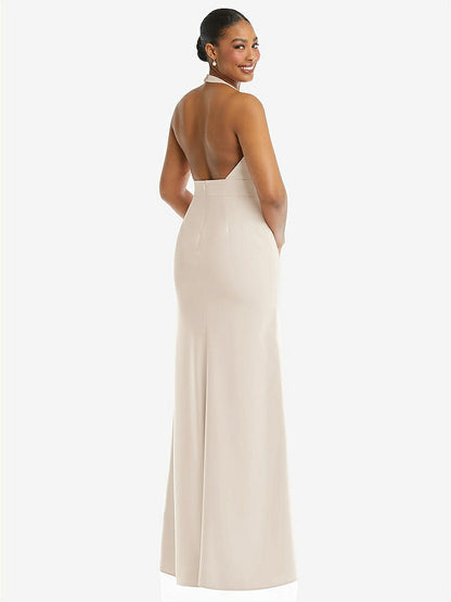 【STYLE: TH110】Plunge Neck Halter Backless Trumpet Gown with Front Slit【COLOR: Oat】