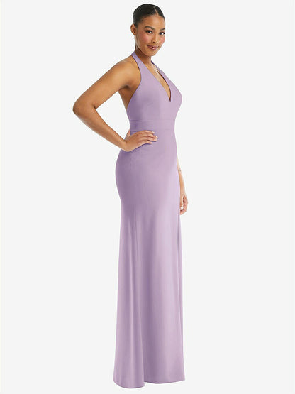 【STYLE: TH110】Plunge Neck Halter Backless Trumpet Gown with Front Slit【COLOR: Pale Purple】