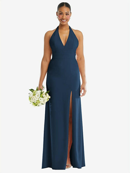 【STYLE: TH110】Plunge Neck Halter Backless Trumpet Gown with Front Slit【COLOR: Sofia Blue】