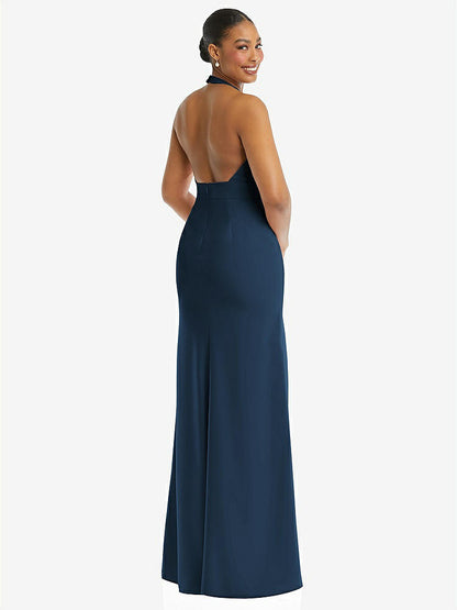 【STYLE: TH110】Plunge Neck Halter Backless Trumpet Gown with Front Slit【COLOR: Sofia Blue】