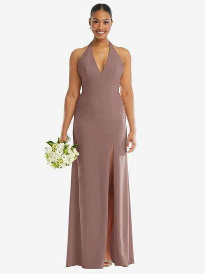 【STYLE: TH110】Plunge Neck Halter Backless Trumpet Gown with Front Slit【COLOR: Sienna】