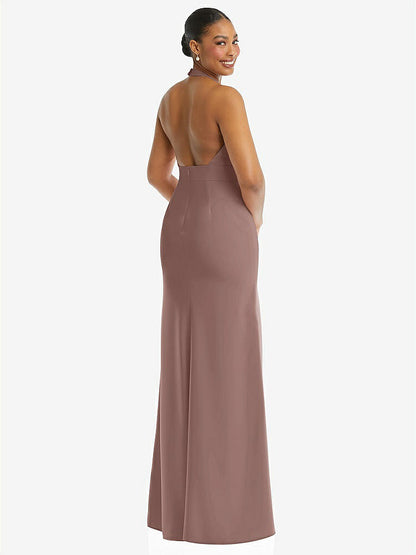【STYLE: TH110】Plunge Neck Halter Backless Trumpet Gown with Front Slit【COLOR: Sienna】