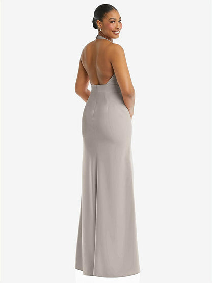【STYLE: TH110】Plunge Neck Halter Backless Trumpet Gown with Front Slit【COLOR: Taupe】