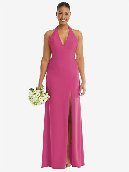 【STYLE: TH110】Plunge Neck Halter Backless Trumpet Gown with Front Slit【COLOR: Tea Rose】