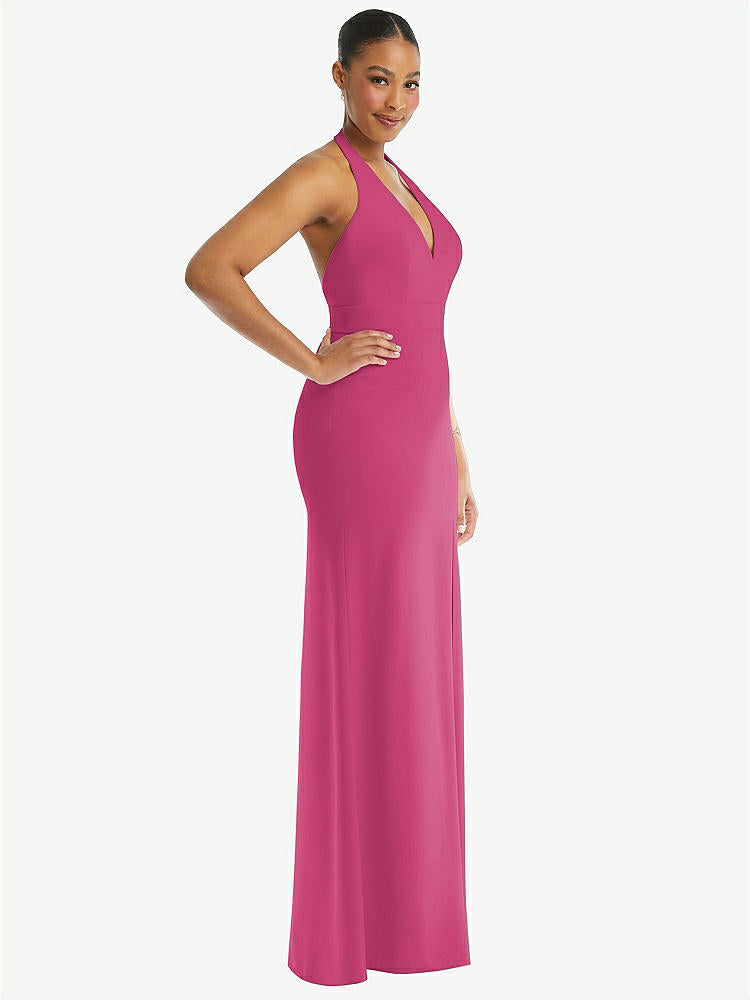 【STYLE: TH110】Plunge Neck Halter Backless Trumpet Gown with Front Slit【COLOR: Tea Rose】