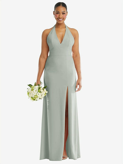 【STYLE: TH110】Plunge Neck Halter Backless Trumpet Gown with Front Slit【COLOR: Willow Green】