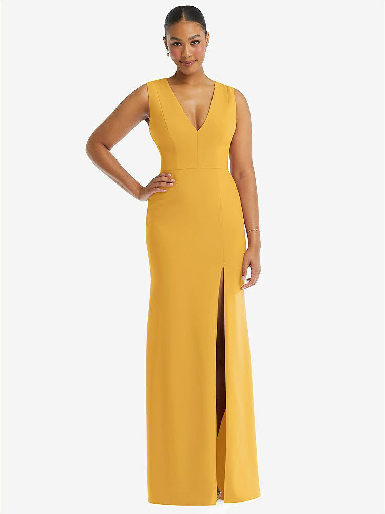 【NEW】【STYLE: TH111】ディープ Vネック 閉じた 背面 クレープ トランペット ガウン 前面 スリット【COLOR: NYC Yellow】【SIZE: 00-30W】