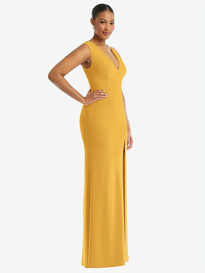【NEW】【STYLE: TH111】ディープ Vネック 閉じた 背面 クレープ トランペット ガウン 前面 スリット【COLOR: NYC Yellow】【SIZE: 00-30W】