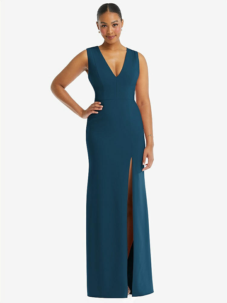 【NEW】【STYLE: TH111】ディープ Vネック 閉じた 背面 クレープ トランペット ガウン 前面 スリット【COLOR: Atlantic Blue】【SIZE: 00-30W】