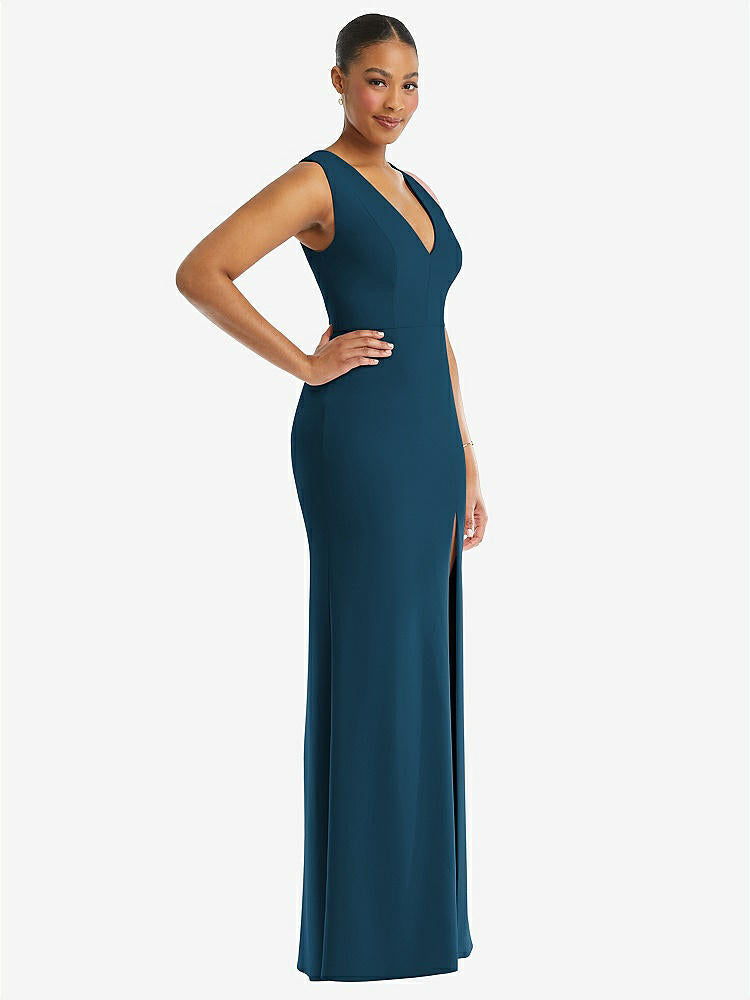 【NEW】【STYLE: TH111】ディープ Vネック 閉じた 背面 クレープ トランペット ガウン 前面 スリット【COLOR: Atlantic Blue】【SIZE: 00-30W】