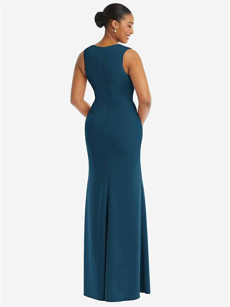 【NEW】【STYLE: TH111】ディープ Vネック 閉じた 背面 クレープ トランペット ガウン 前面 スリット【COLOR: Atlantic Blue】【SIZE: 00-30W】