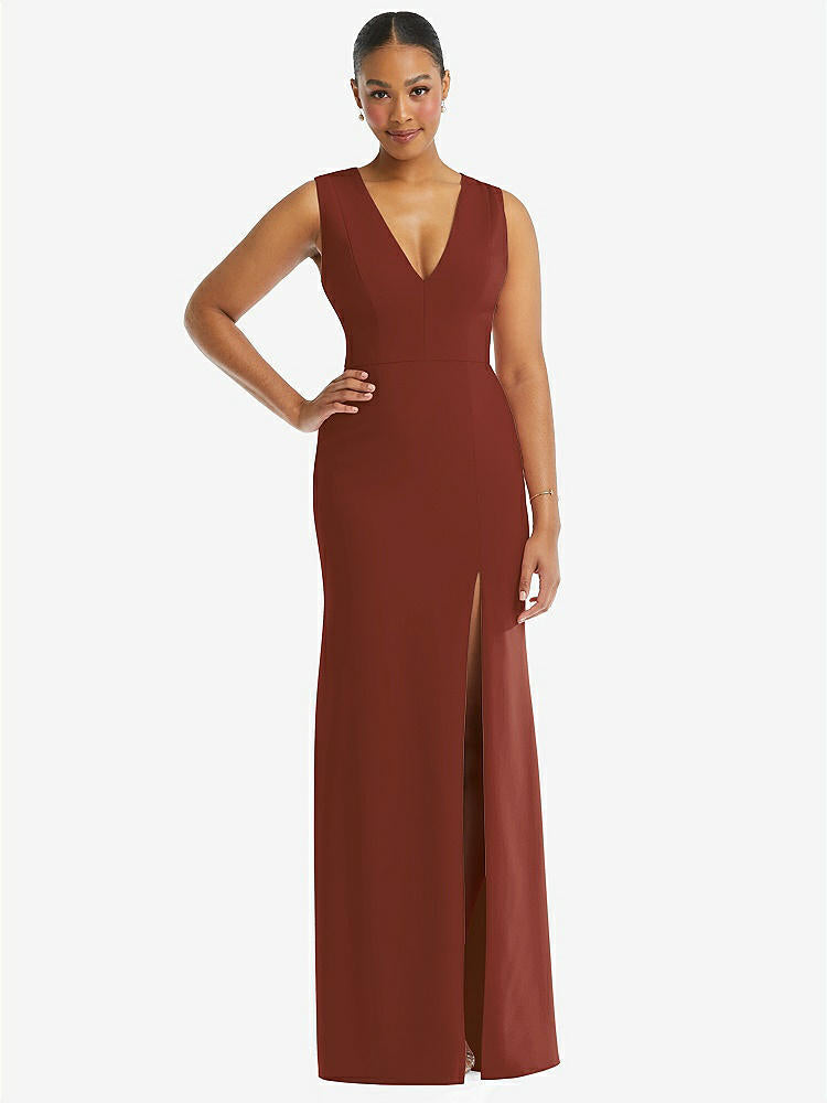 【NEW】【STYLE: TH111】ディープ Vネック 閉じた 背面 クレープ トランペット ガウン 前面 スリット【COLOR: Auburn Moon】【SIZE: 00-30W】