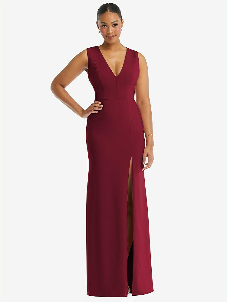 【NEW】【STYLE: TH111】ディープ Vネック 閉じた 背面 クレープ トランペット ガウン 前面 スリット【COLOR: Burgundy】【SIZE: 00-30W】