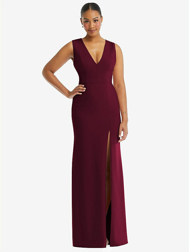 【NEW】【STYLE: TH111】ディープ Vネック 閉じた 背面 クレープ トランペット ガウン 前面 スリット【COLOR: Cabernet】【SIZE: 00-30W】